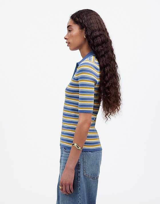 Madewell Half-Zip Johnny-Collar Polo Delphinium Stripe
