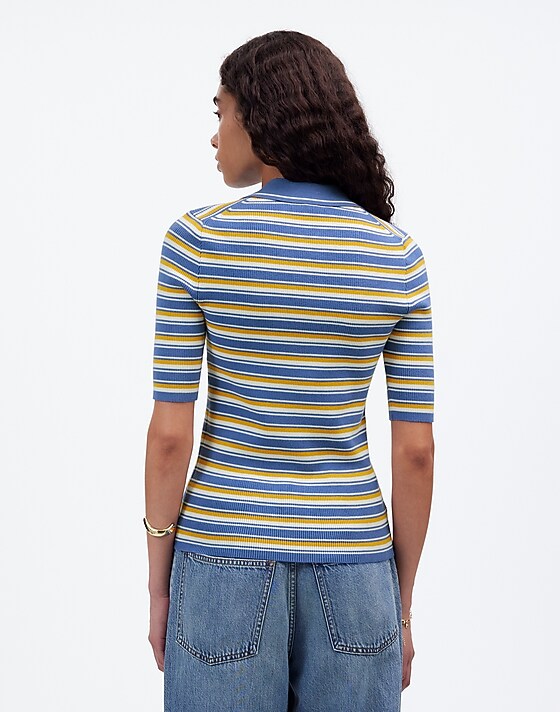 Madewell Half-Zip Johnny-Collar Polo Delphinium Stripe