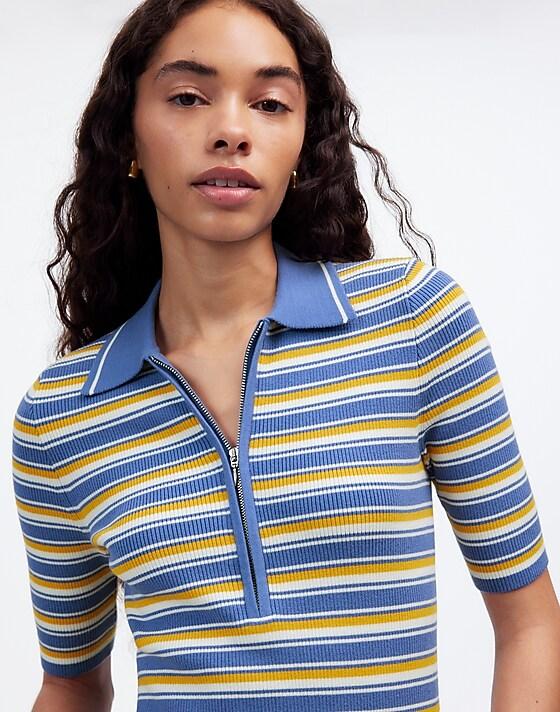 madewell Half-Zip Johnny-Collar Polo delphinium stripe