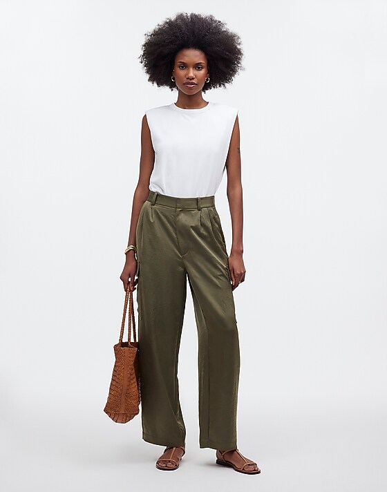 madewell High-Rise Straight Cargo Trousers in Satin worn olive