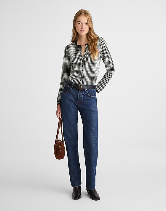 Madewell Houndstooth Crewneck Cardigan In 100% Merino Wool Off White Houndstooth