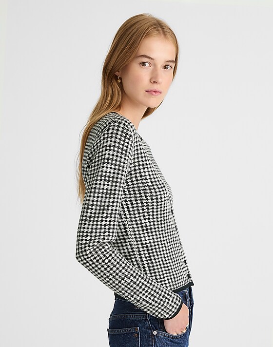 Madewell Houndstooth Crewneck Cardigan In 100% Merino Wool Off White Houndstooth