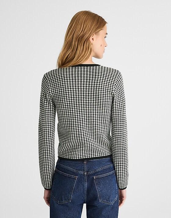 Madewell Houndstooth Crewneck Cardigan In 100% Merino Wool Off White Houndstooth