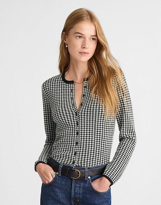 madewell Houndstooth Crewneck Cardigan in 100% Merino Wool off white houndstooth