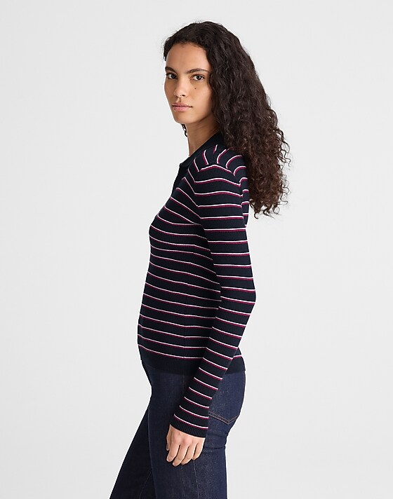 Madewell Johnny-Collar Sweater In Merino-Silk Blend Dark Navy Multi Stripe