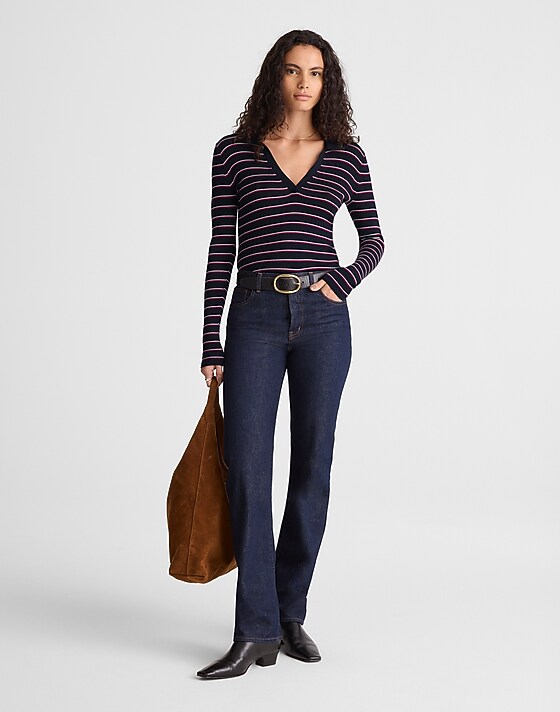 Madewell Johnny-Collar Sweater In Merino-Silk Blend Dark Navy Multi Stripe