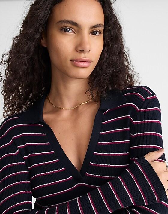 madewell Johnny-Collar Sweater in Merino-Silk Blend dark navy multi stripe