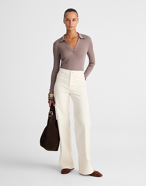 Madewell Johnny-Collar Sweater In Merino-Silk Blend Mink With Molasses Tipping