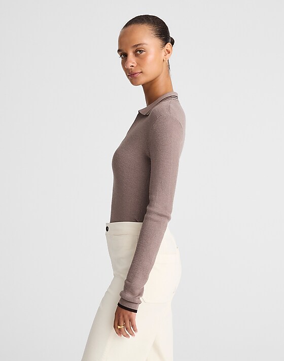 Madewell Johnny-Collar Sweater In Merino-Silk Blend Mink With Molasses Tipping