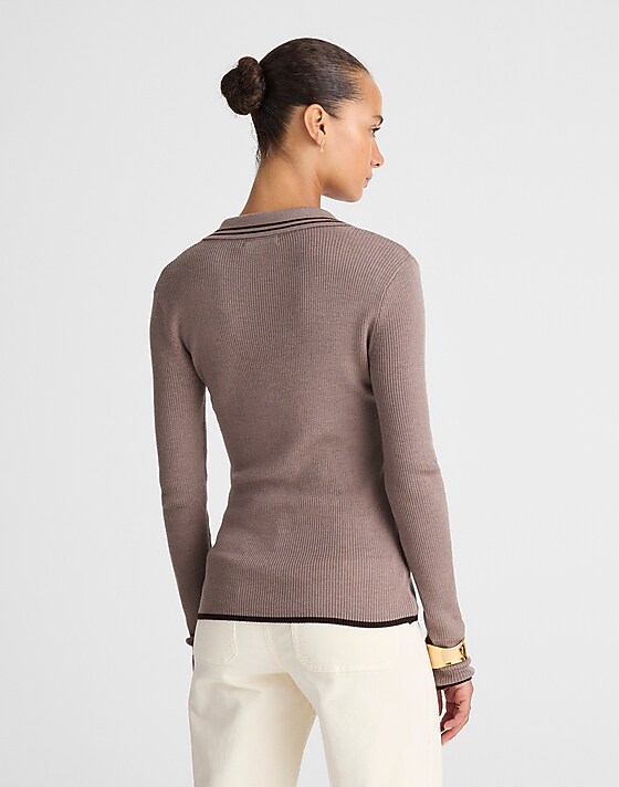 Madewell Johnny-Collar Sweater In Merino-Silk Blend Mink With Molasses Tipping