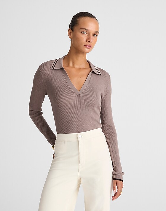 madewell Johnny-Collar Sweater in Merino-Silk Blend mink with molasses tipping