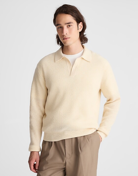 madewell Johnny-Collar Sweater Polo in Heritage Merino Wool biscuit