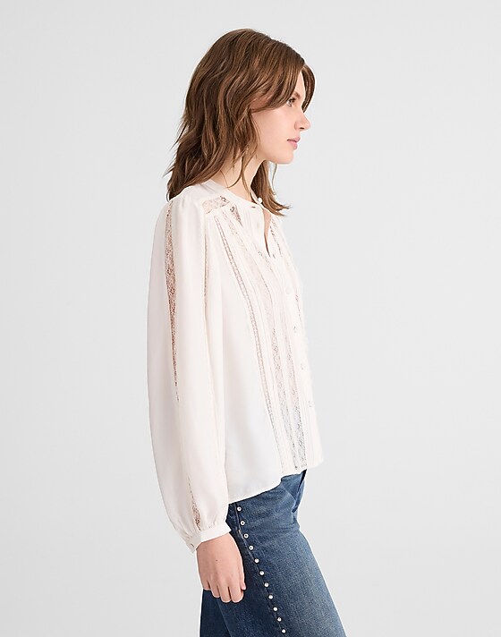 Madewell Lace-Insert Button-Up Long-Sleeve Top Winter White