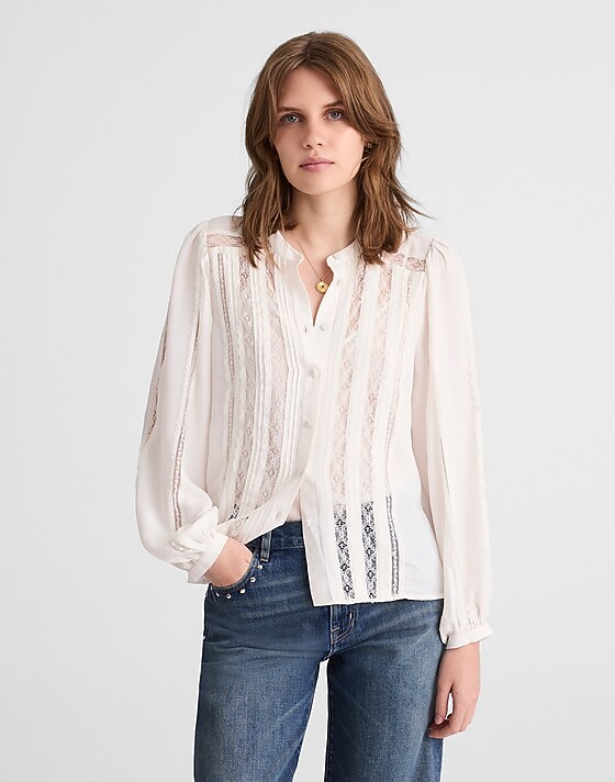 Madewell Lace-Insert Button-Up Long-Sleeve Top Winter White