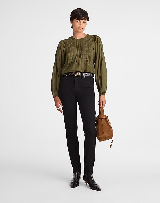 Madewell Lace-Insert Pintucked Long-Sleeve Top Faded Ivy