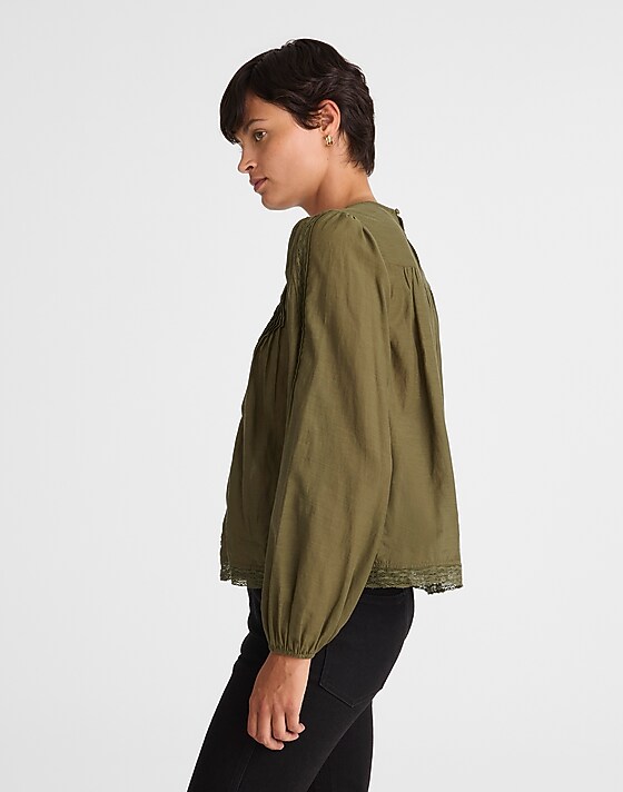 Madewell Lace-Insert Pintucked Long-Sleeve Top Faded Ivy