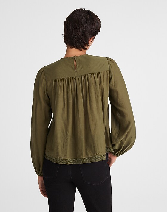 Madewell Lace-Insert Pintucked Long-Sleeve Top Faded Ivy