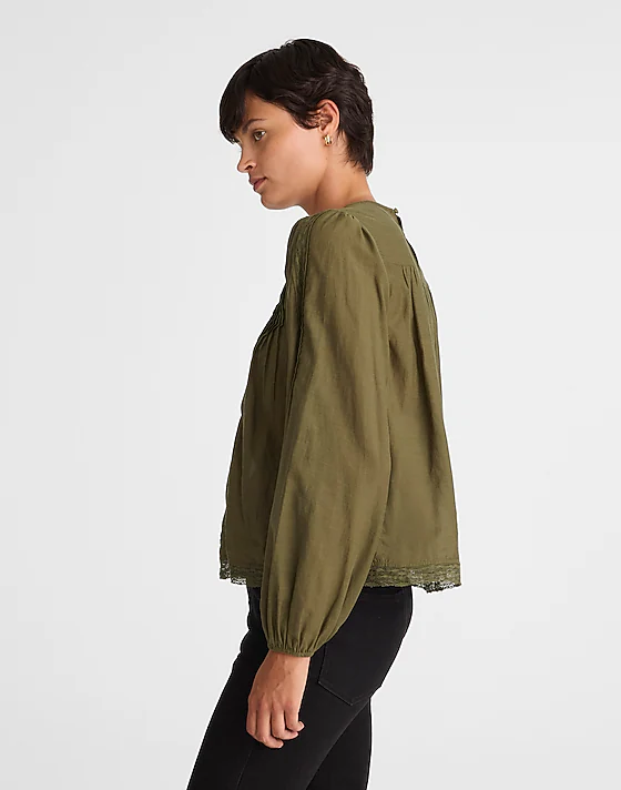 Madewell Lace-Insert Pintucked Long-Sleeve Top Faded Ivy