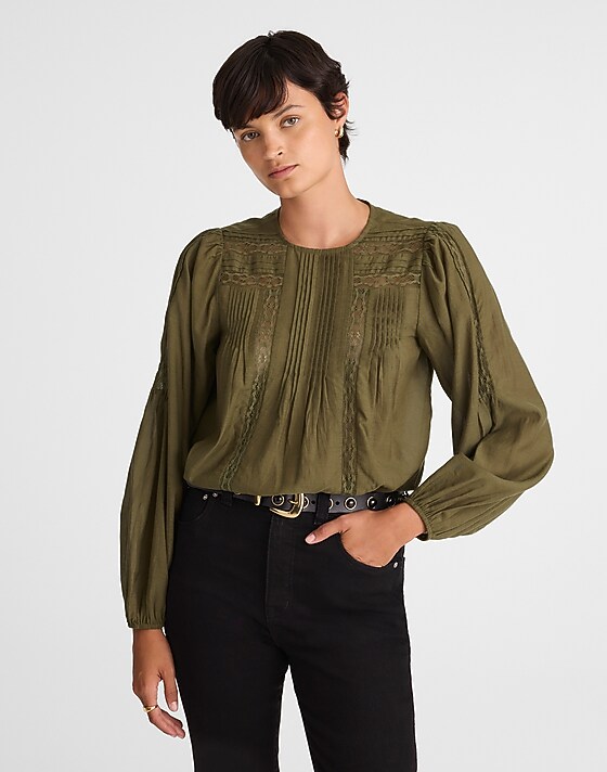 madewell Lace-Insert Pintucked Long-Sleeve Top faded ivy