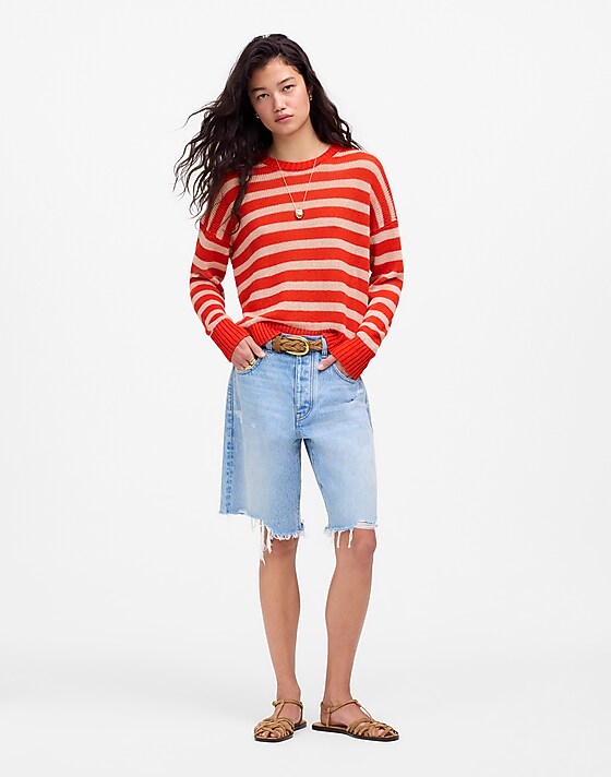 Madewell Linen Drop-Shoulder Sweater Bright Flame Stripe