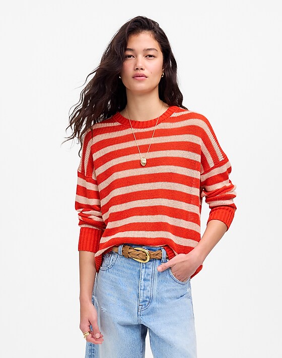 madewell Linen Drop-Shoulder Sweater bright flame stripe
