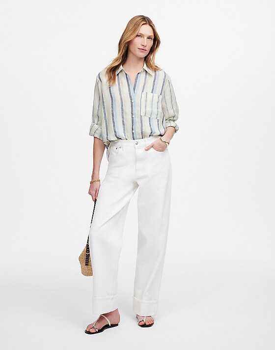 Madewell Linen Easy Y-Neck Button-Up Shirt In Mixed Stripe Blue And Light Blue Stripe