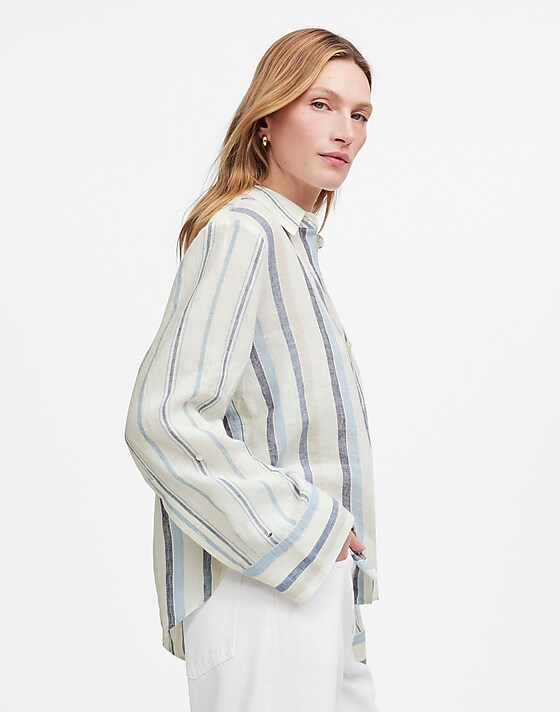 Madewell Linen Easy Y-Neck Button-Up Shirt In Mixed Stripe Blue And Light Blue Stripe