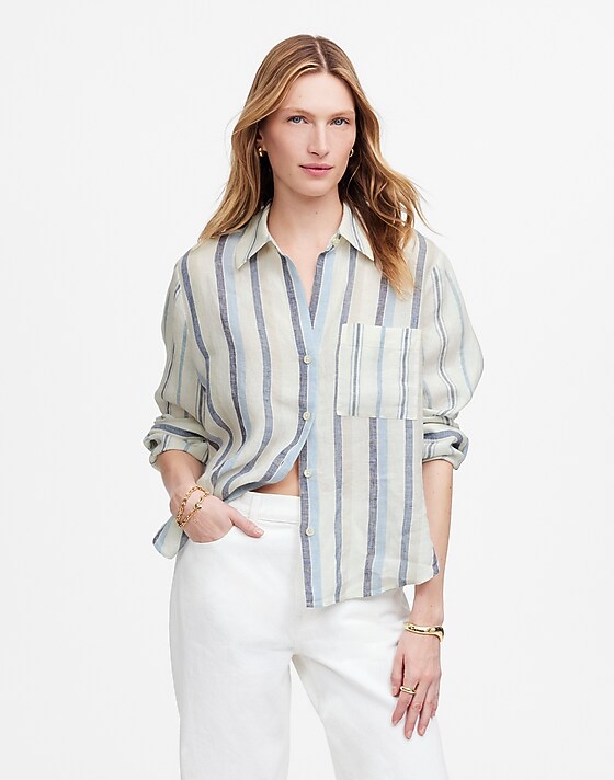 madewell Linen Easy Y-Neck Button-Up Shirt in Mixed Stripe blue and light blue stripe