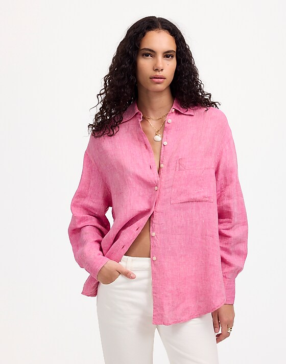 madewell Linen Oversized Button-Up Shirt modern fuchsia