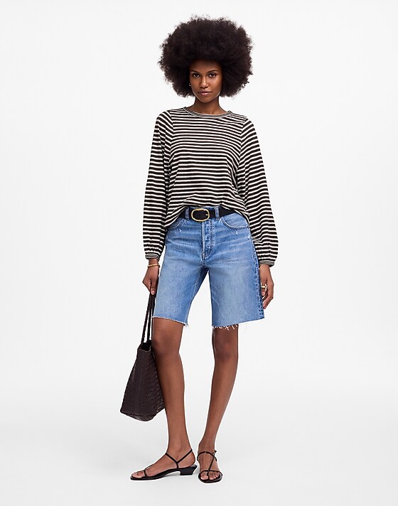 Madewell Long Balloon-Sleeve Crewneck Tee In Stripe Dark Surplus