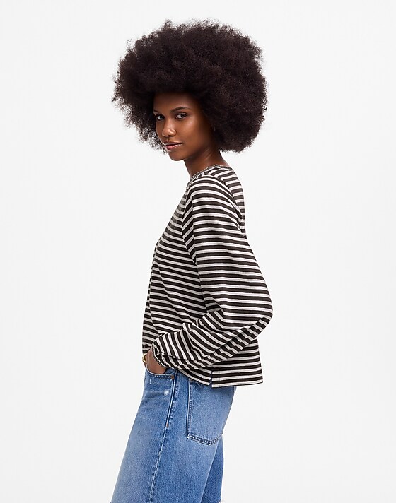 Madewell Long Balloon-Sleeve Crewneck Tee In Stripe Dark Surplus