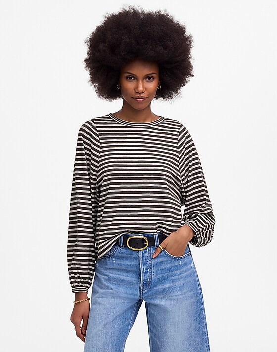 madewell Long Balloon-Sleeve Crewneck Tee in Stripe dark surplus