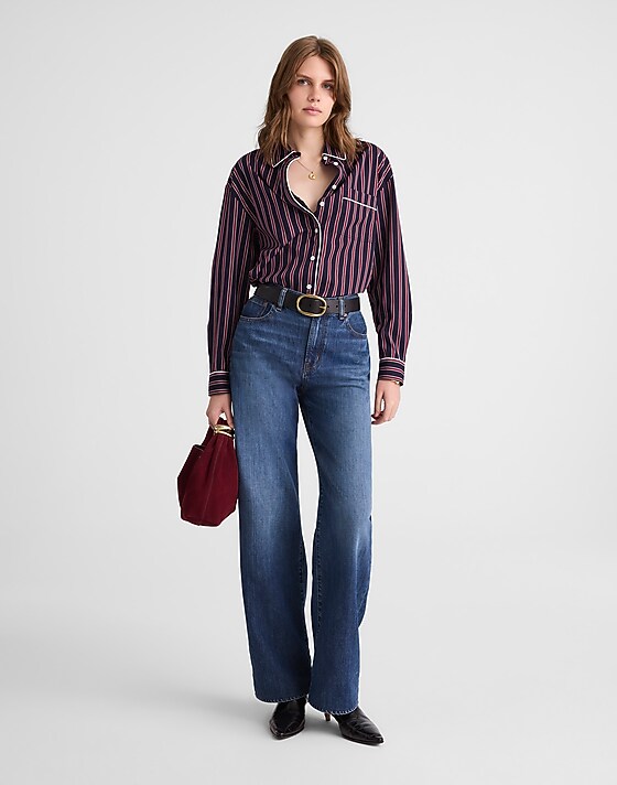 Madewell Long Button-Up Shirt In Stripe Poplin Red Navy Stripe