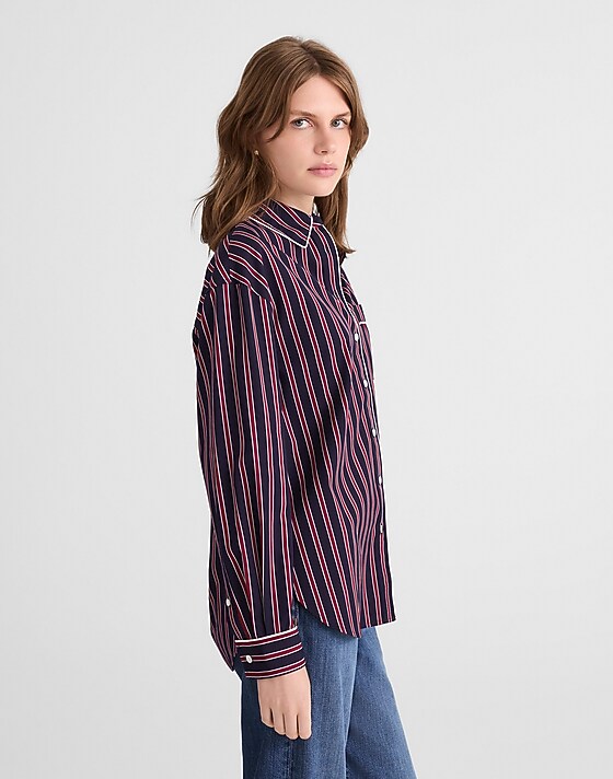 Madewell Long Button-Up Shirt In Stripe Poplin Red Navy Stripe