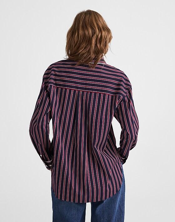 Madewell Long Button-Up Shirt In Stripe Poplin Red Navy Stripe