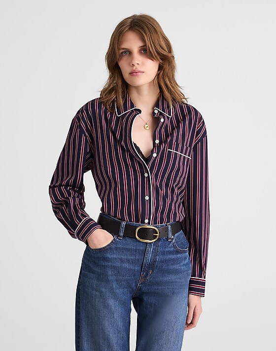 madewell Long Button-Up Shirt in Stripe Poplin red navy stripe