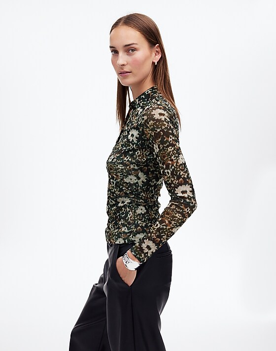 Madewell Long-Sleeve Polo Top In Floral Mesh Mossy Umber