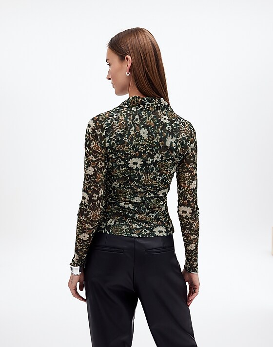 Madewell Long-Sleeve Polo Top In Floral Mesh Mossy Umber