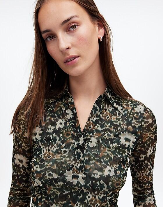 Madewell Long-Sleeve Polo Top In Floral Mesh Mossy Umber