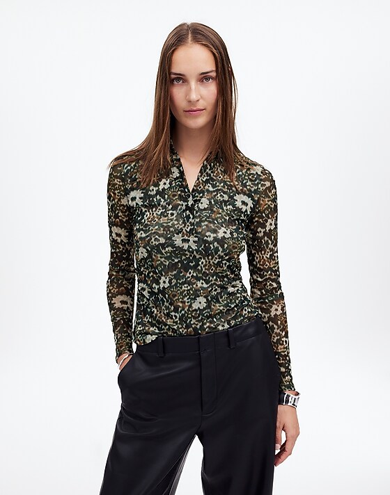 madewell Long-Sleeve Polo Top in Floral Mesh mossy umber