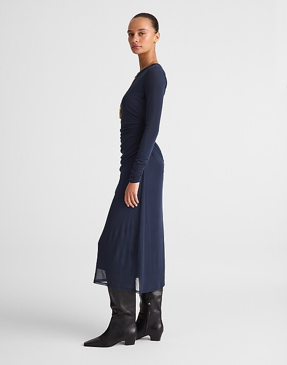 Madewell Long-Sleeve Ruched Midi Dress Classic Navy