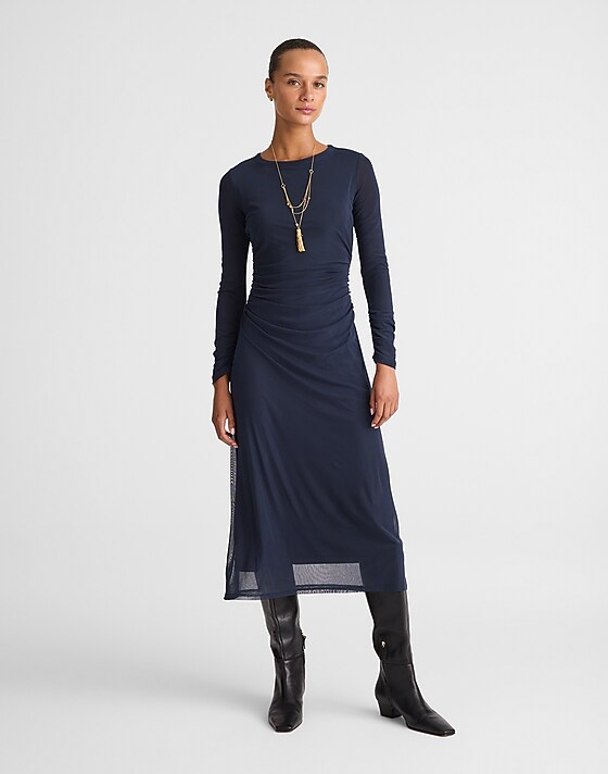 madewell Long-Sleeve Ruched Midi Dress classic navy