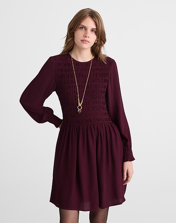 Madewell Long-Sleeve Smocked Mini Dress Dark Pomegranate