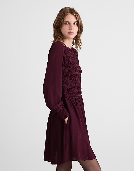 Madewell Long-Sleeve Smocked Mini Dress Dark Pomegranate