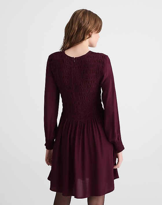 Madewell Long-Sleeve Smocked Mini Dress Dark Pomegranate