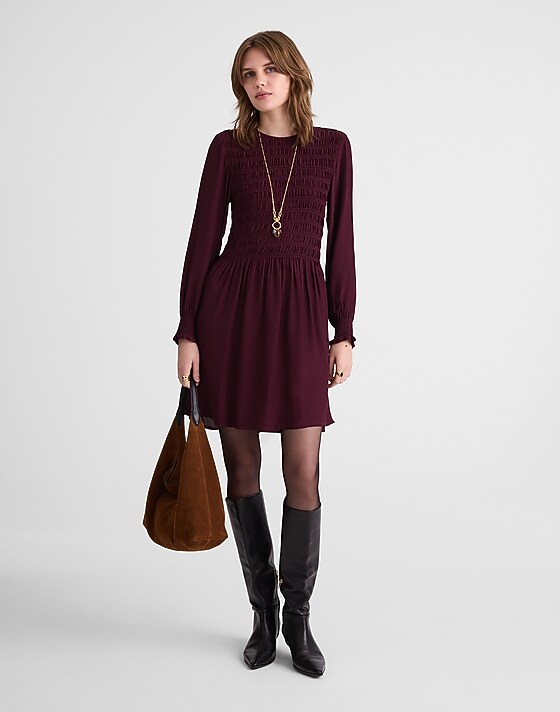 madewell Long-Sleeve Smocked Mini Dress dark pomegranate