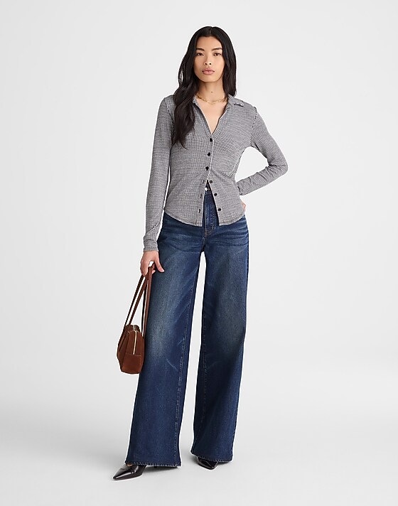 Madewell Camp Long-Sleeve Top In Gingham Jet Black