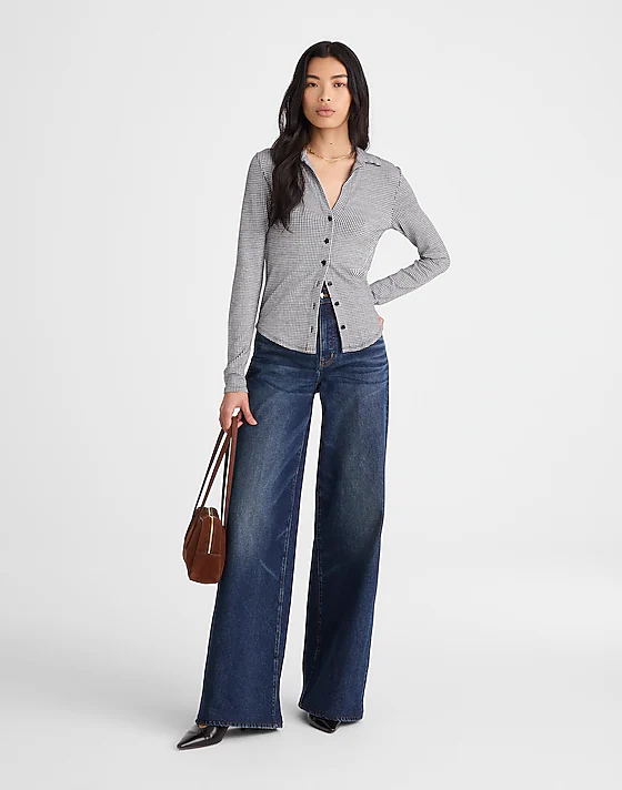 Madewell Camp Long-Sleeve Top In Gingham Jet Black