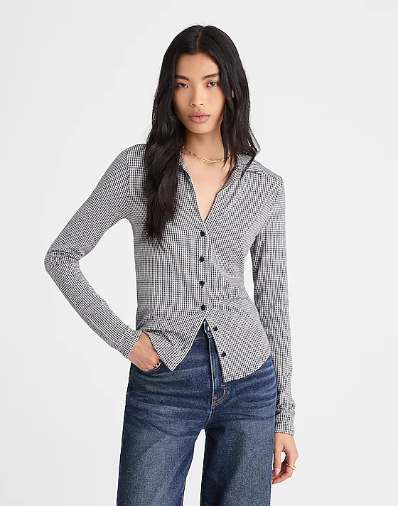 madewell Camp Long-Sleeve Top in Gingham jet black