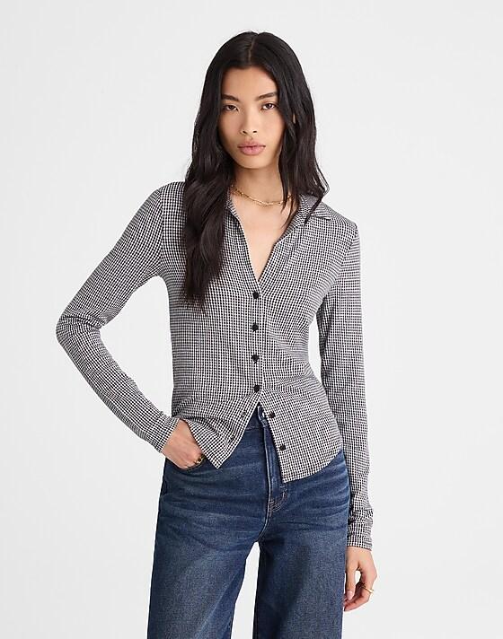 madewell Camp Long-Sleeve Top in Gingham jet black